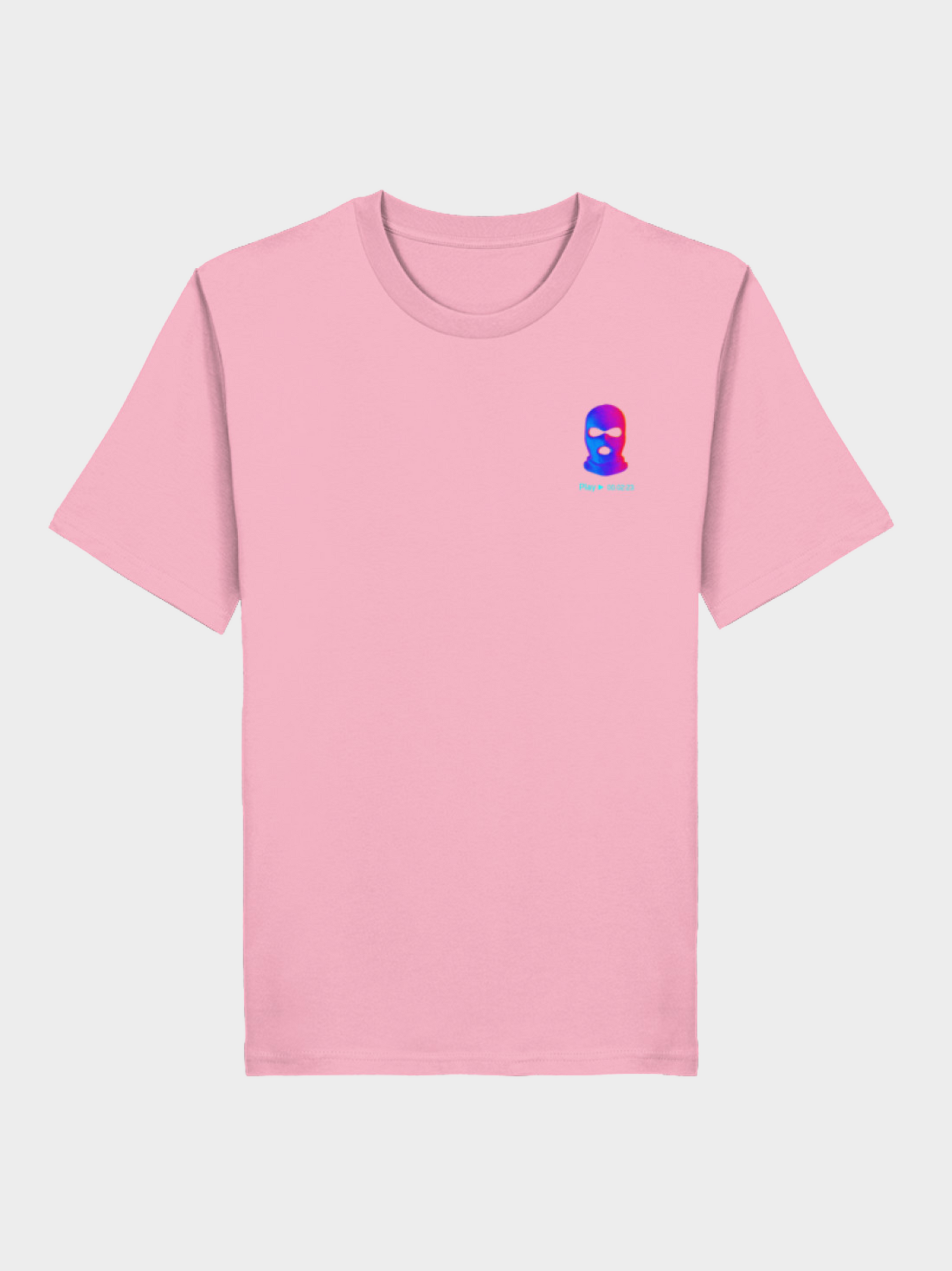 Vyfinity City Noise T-Shirt in Rosa, Vorderseite mit kleinem Frontprint einer bunten Sturmhaube in Blau-Pink, moderner Streetwear-Style.