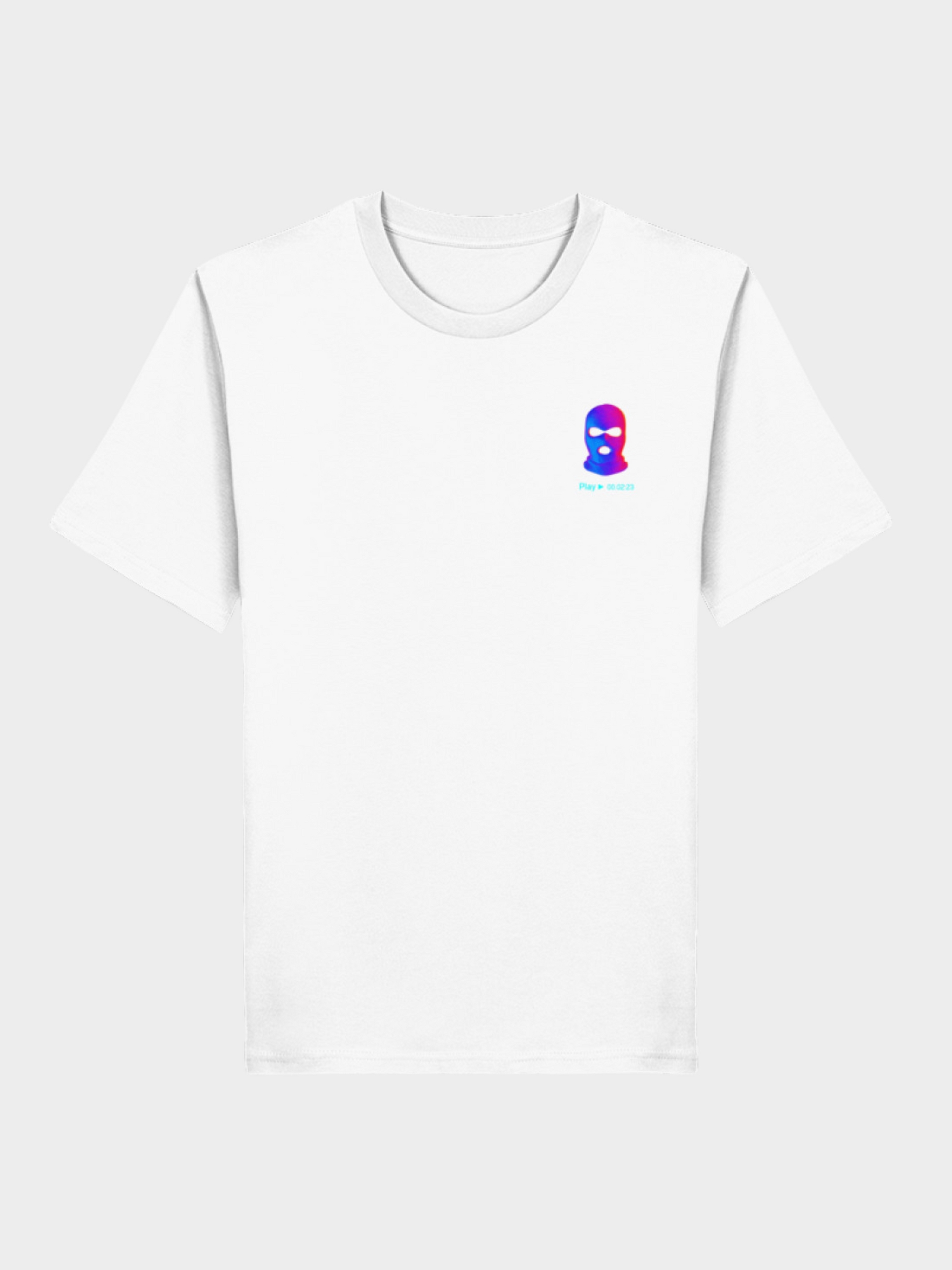 Vyfinity City Noise T-Shirt in Weiß, Flatlay-Ansicht, mit kleinem farbenfrohem Skimaske-Logo auf der linken Brust, minimalistischer urbaner Streetwear-Stil.