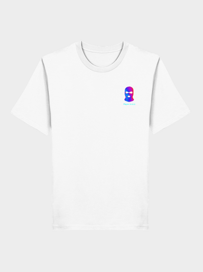 Vyfinity City Noise T-Shirt in Weiß, Flatlay-Ansicht, mit kleinem farbenfrohem Skimaske-Logo auf der linken Brust, minimalistischer urbaner Streetwear-Stil.