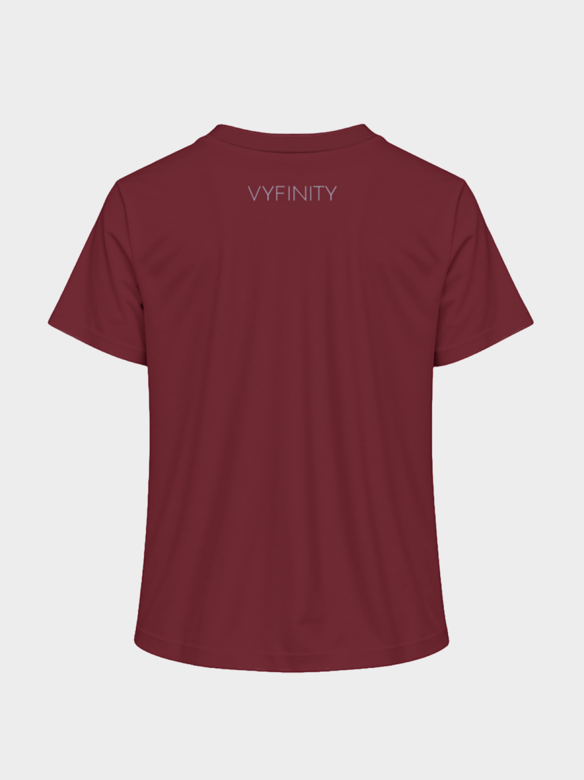 Vyfinity Classic T-Shirt in Bordeauxrot, Rückansicht mit kleinem Vyfinity Logo im Nackenbereich. Minimalistisches Damen Basic-Shirt aus Baumwolle für Streetwear und Casual Looks.
