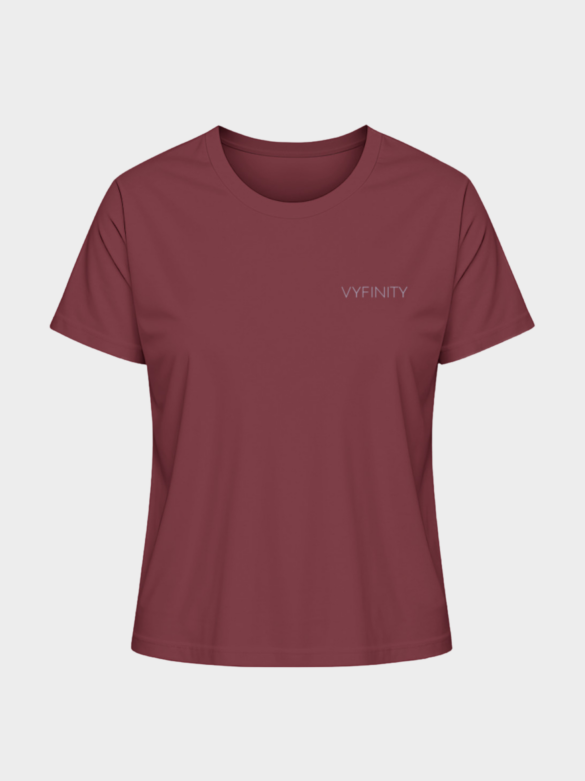 Vyfinity Classic T-Shirt in Bordeauxrot, Vorderansicht mit dezentem Logo auf der Brust. Damen Basic-Shirt aus Baumwolle, ideal für Streetwear, Casual Outfits und Everyday Looks.