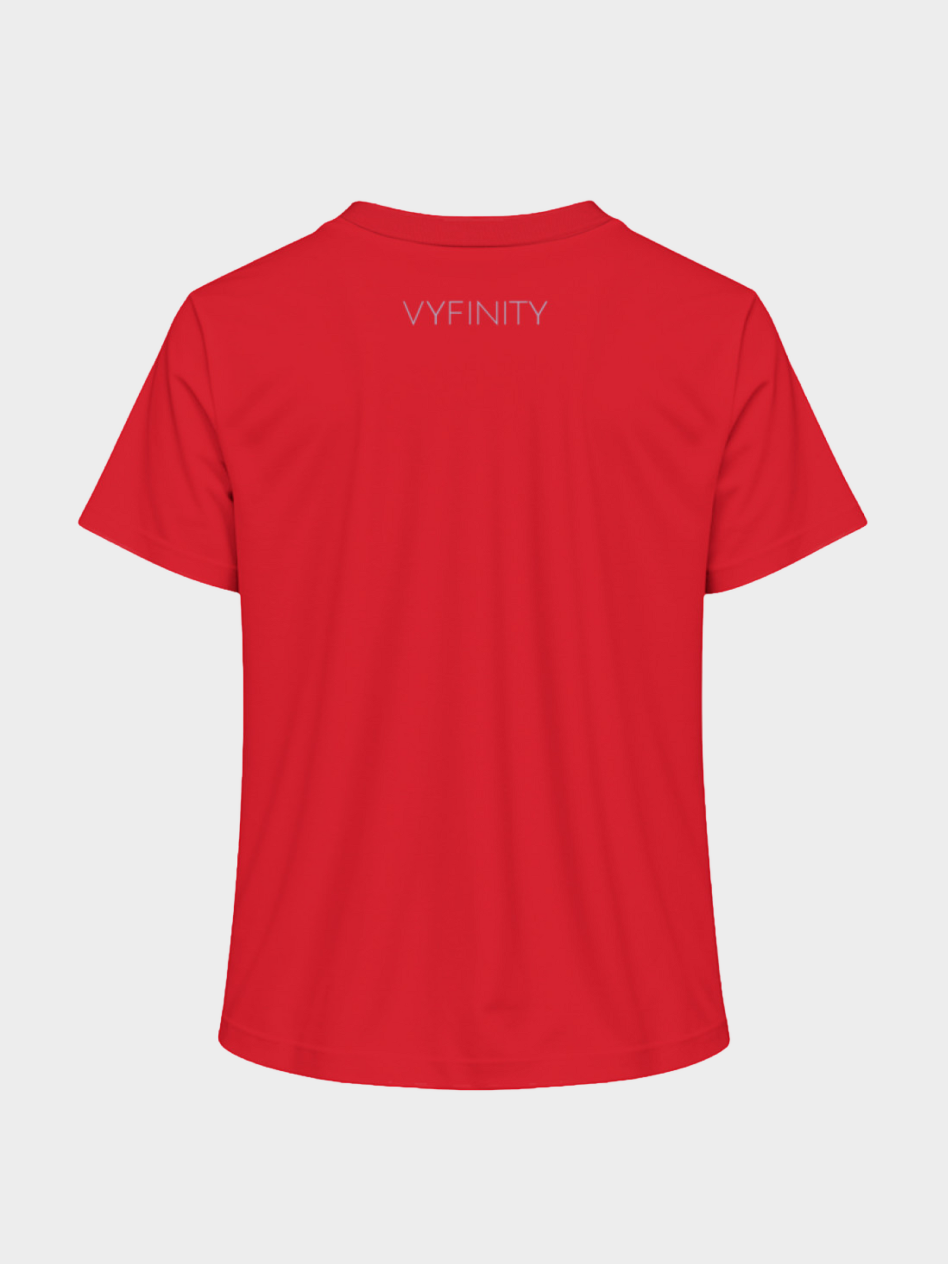 Vyfinity Classic T-Shirt in kräftigem Rot, Rückansicht mit dezentem Vyfinity Schriftzug im Nackenbereich. Minimalistisches Design für Damen, modernes Streetwear Basic.