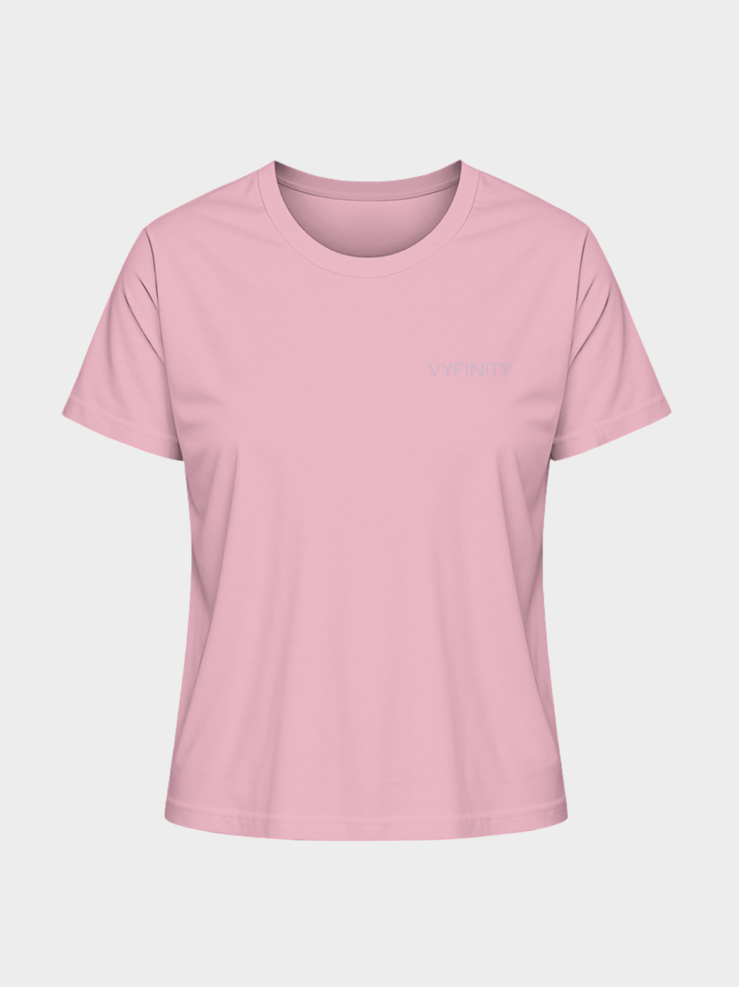 Vyfinity Classic T-Shirt in Rosa mit minimalistischen Logo auf der Brust. Feminines Design, aus weicher Baumwolle gefertigt, ideal für Alltag, Streetwear und Casual Outfits.