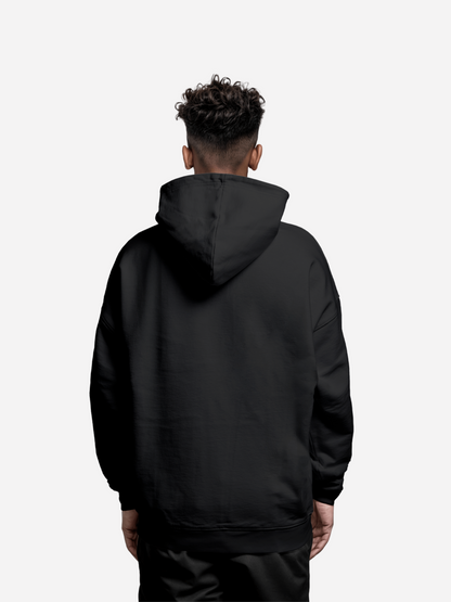Schwarze Rückansicht des Vyfinity Hoodies „The Closer“ ohne Print, klassische Unisex Kapuzenpullover Rückseite.