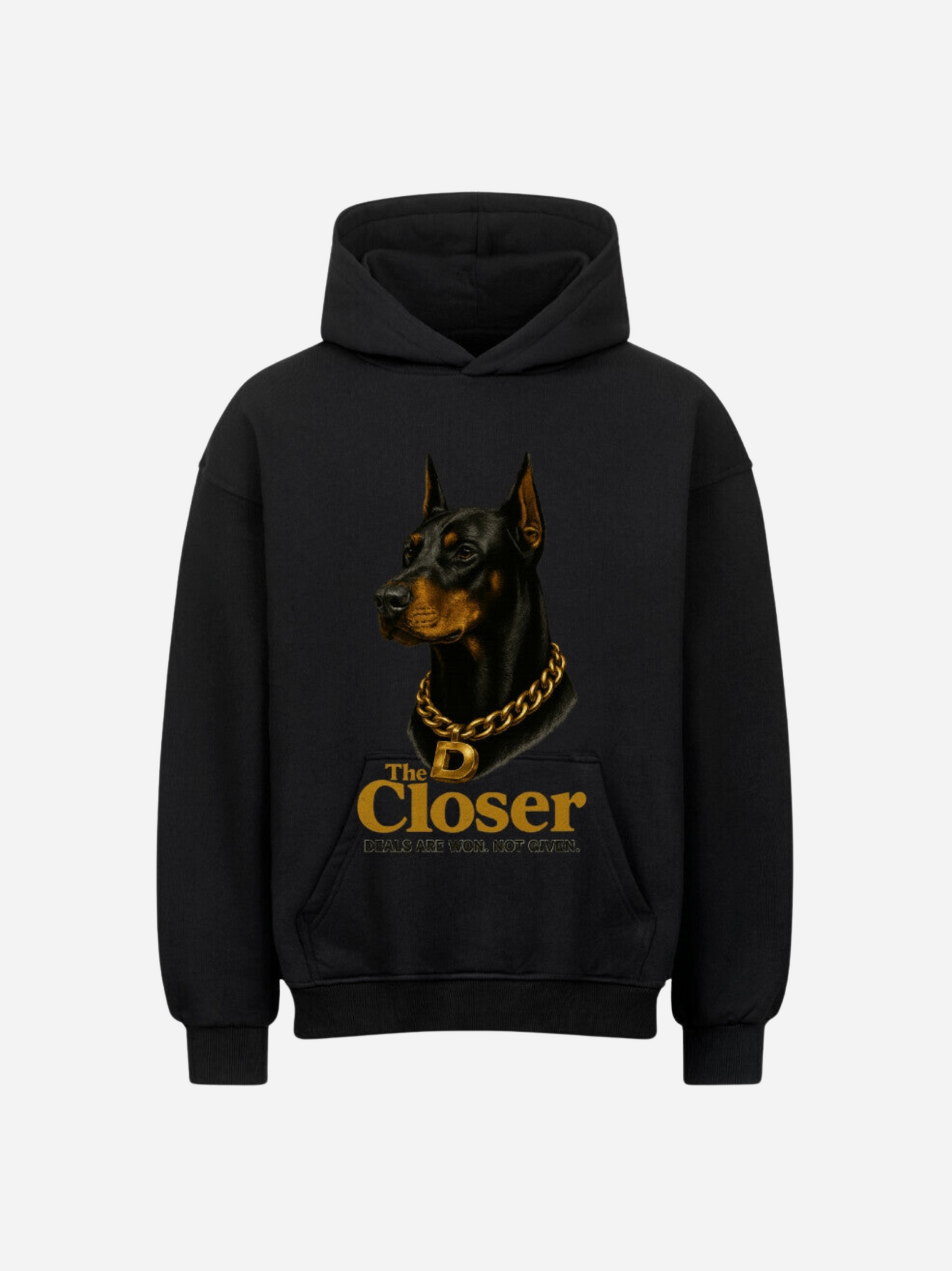 Schwarzer Vyfinity Hoodie „The Closer“ mit goldenem Dobermann-Motiv und Schriftzug „Deals are won, not given.“ auf der Vorderseite.