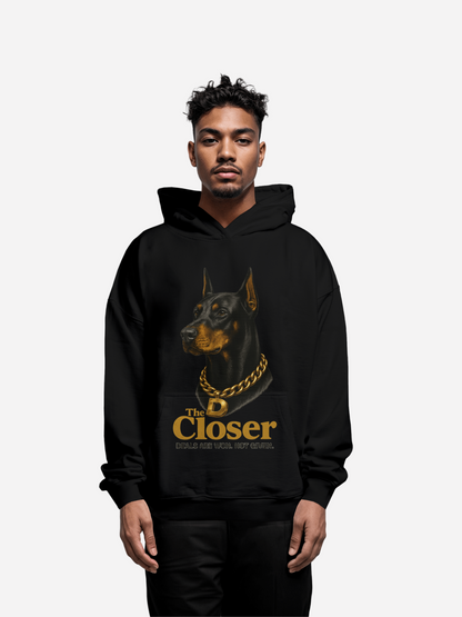 Vyfinity Hoodie in Schwarz mit großem Frontprint – Dobermann mit goldener Kette und Schriftzug „The Closer – Deals are won, not given“, Streetwear Unisex Kapuzenpullover.