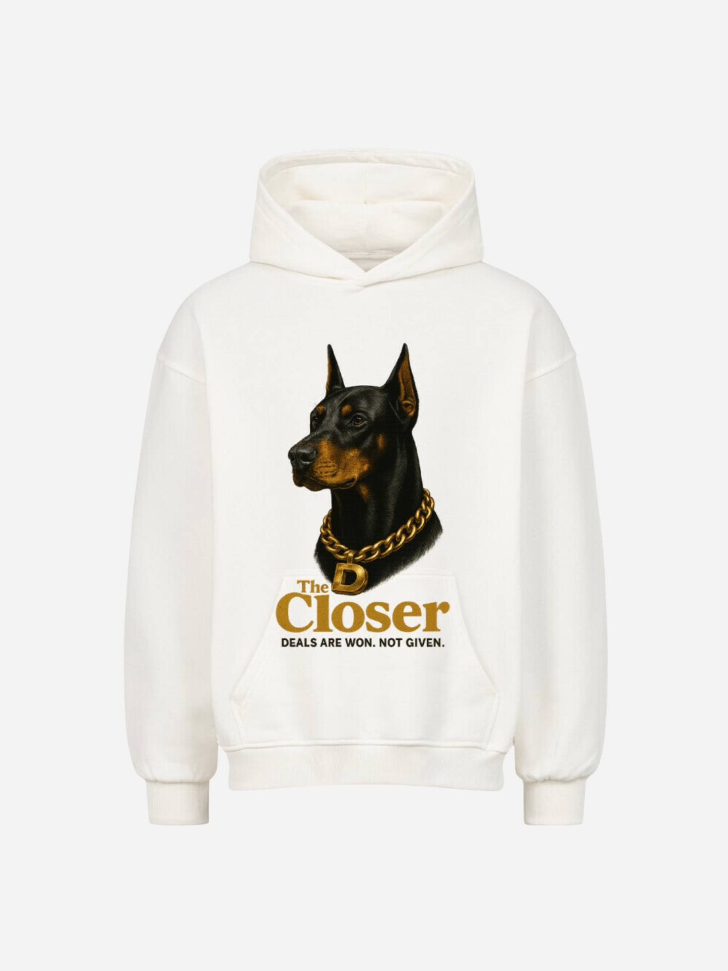 Weißer Vyfinity Hoodie „The Closer“ mit großem Dobermann-Print auf der Vorderseite, goldene Kette und Schriftzug Deals are won, not given.