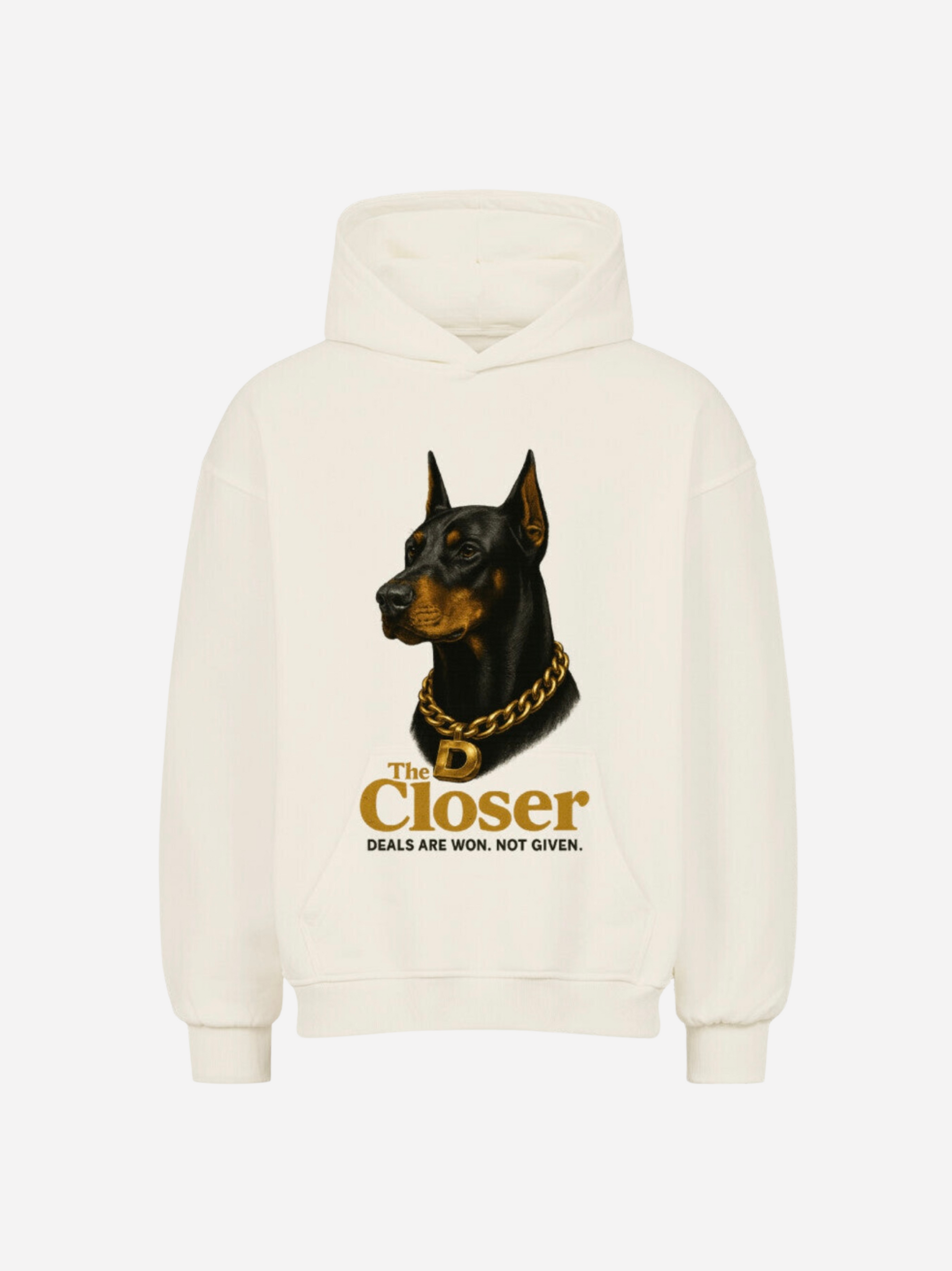 Vyfinity Hoodie in Weiß mit großem Frontprint – Dobermann mit goldener Kette und Schriftzug „The Closer – Deals are won, not given“, stylischer Unisex Kapuzenpullover.