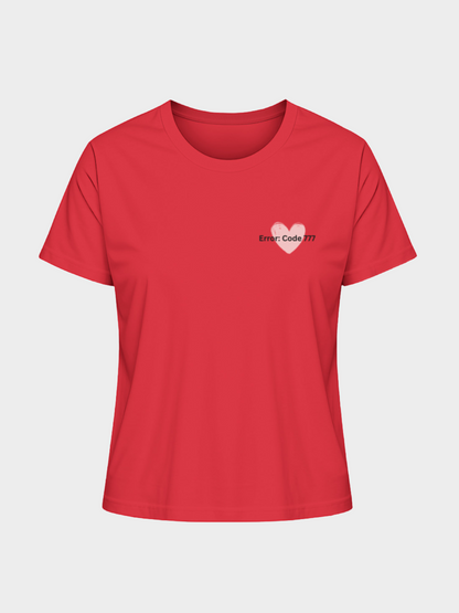 Vyfinity Edge of Time T-Shirt in Rot, Vorderseite. Stylisches Herz-Motiv mit Schriftzug „Error: Code 777“ auf der Brust. Streetwear Look für Damen im auffälligen Design.