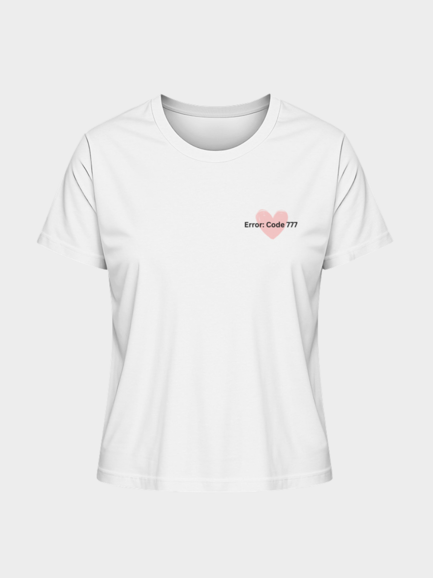 Vyfinity Edge of Time T-Shirt in Weiß, Vorderseite. Minimalistisches Herz-Motiv mit Schriftzug „Error: Code 777“ auf der Brust. Schlichtes Urban Streetwear Design für Damen.