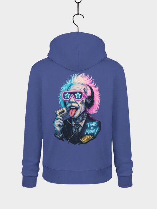 Vyfinity Einstein Hoodie Blau Rückseite mit Time is Money Neon Design Streetwear