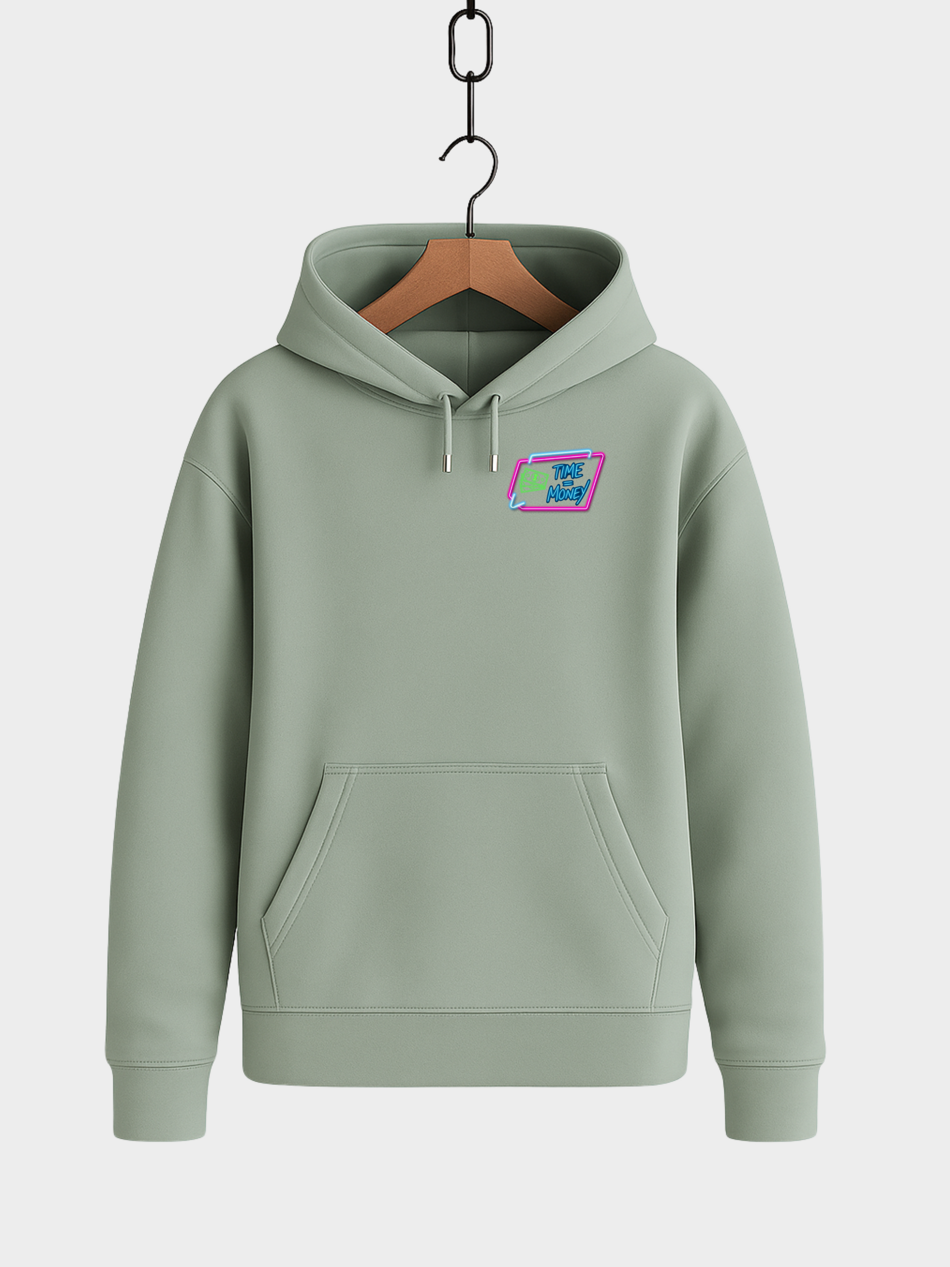 Vyfinity Einstein Hoodie Mint Vorderseite mit Time is Money Patch Neon Streetwear