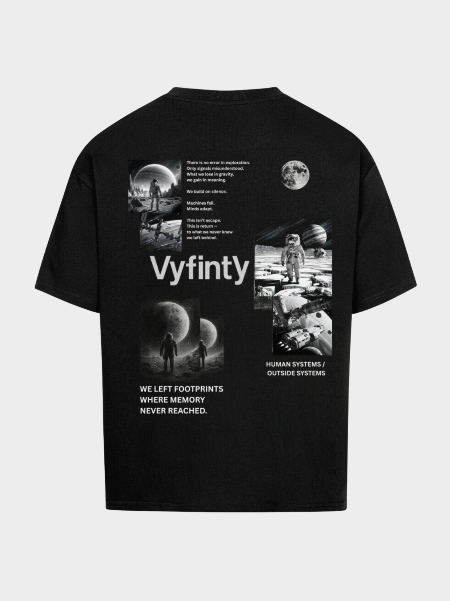 Schwarzes Oversize T-Shirt mit Vyfinity Backprint im Space-Exploration-Design. Astronauten, Planeten und Zitate als futuristischer Druck auf der Rückseite. Modernes Streetwear Shirt im urbanen Style für Fashion und Lifestyle.