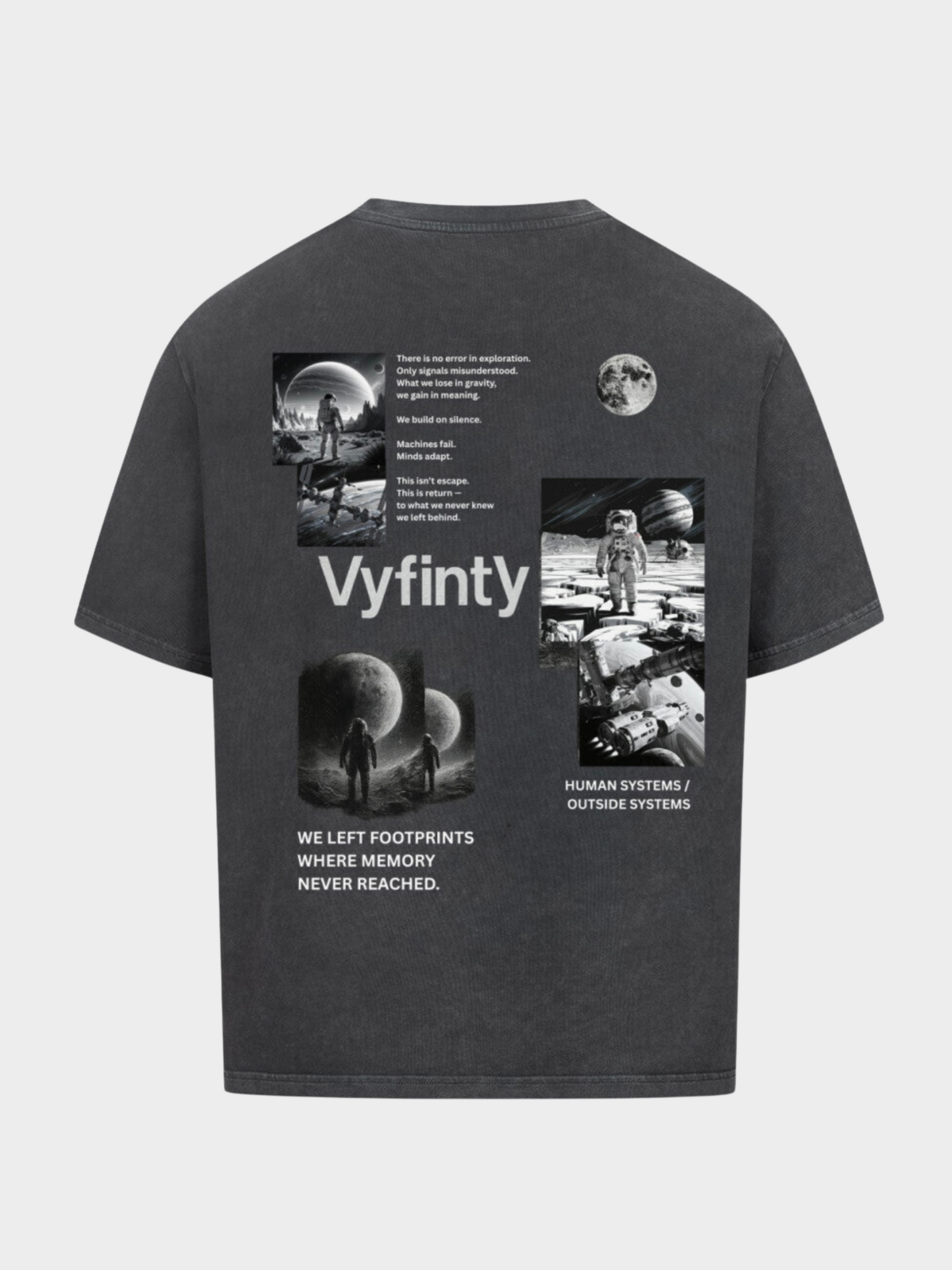 Vyfinity Oversize T-Shirt in Vintage Black mit großem Backprint. Astronauten-Motive, Planeten und futuristische Exploration-Grafiken kombiniert mit Vyfinity Logo. Urban Streetwear mit Space-Design für Fashion und Lifestyle.