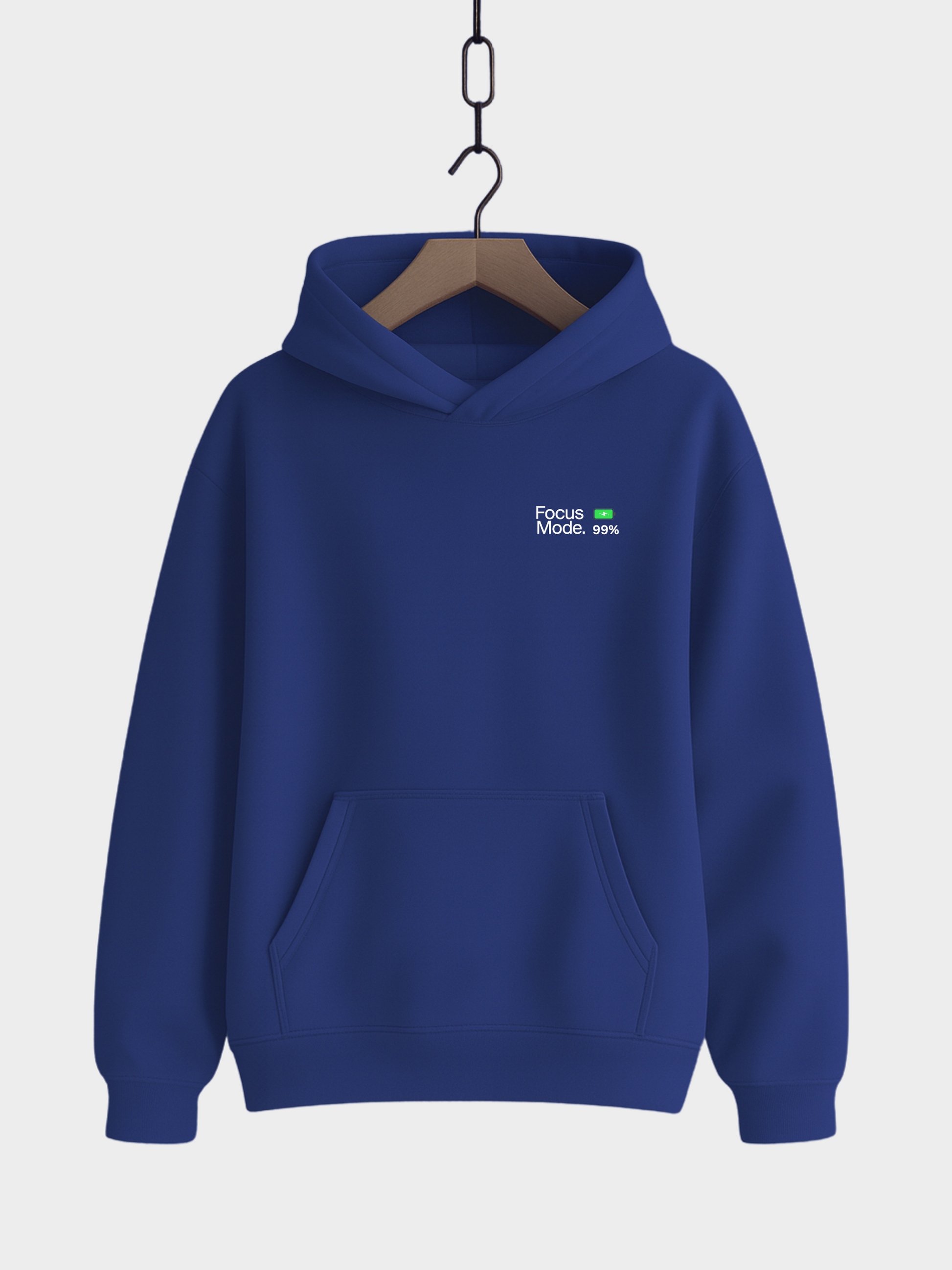 Vyfinity Focus Mode Hoodie in Worker Blue mit minimalistischem Schriftzug „Focus Mode“ und Ladebalken – Unisex Streetwear Hoodie aus weichem Material