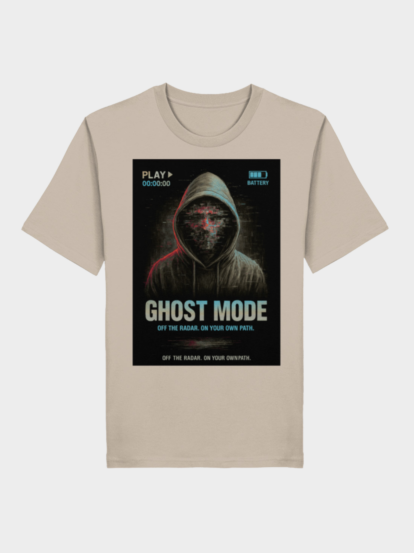 Vyfinity Ghost Mode T-Shirt in Beige mit futurischem Glitch Hoodie Design und Schriftzug „Ghost Mode – Off the Radar. On Your Own Path.“.