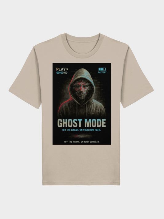 Vyfinity Ghost Mode T-Shirt in Beige mit futurischem Glitch Hoodie Design und Schriftzug „Ghost Mode – Off the Radar. On Your Own Path.“.
