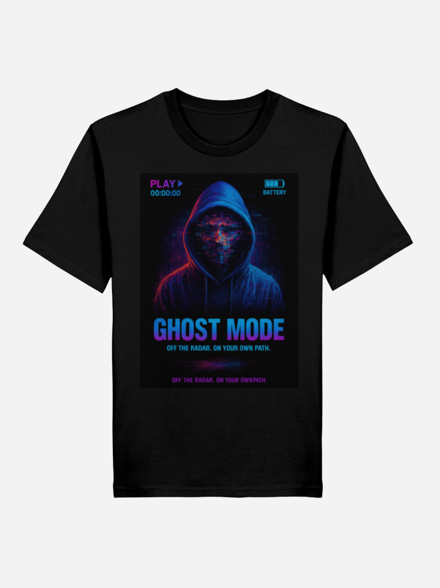 Vyfinity Ghost Mode T-Shirt in Schwarz mit Neon-Hoodie Glitch Design und futurischem Slogan „Ghost Mode – Off the Radar. On Your Own Path.“.