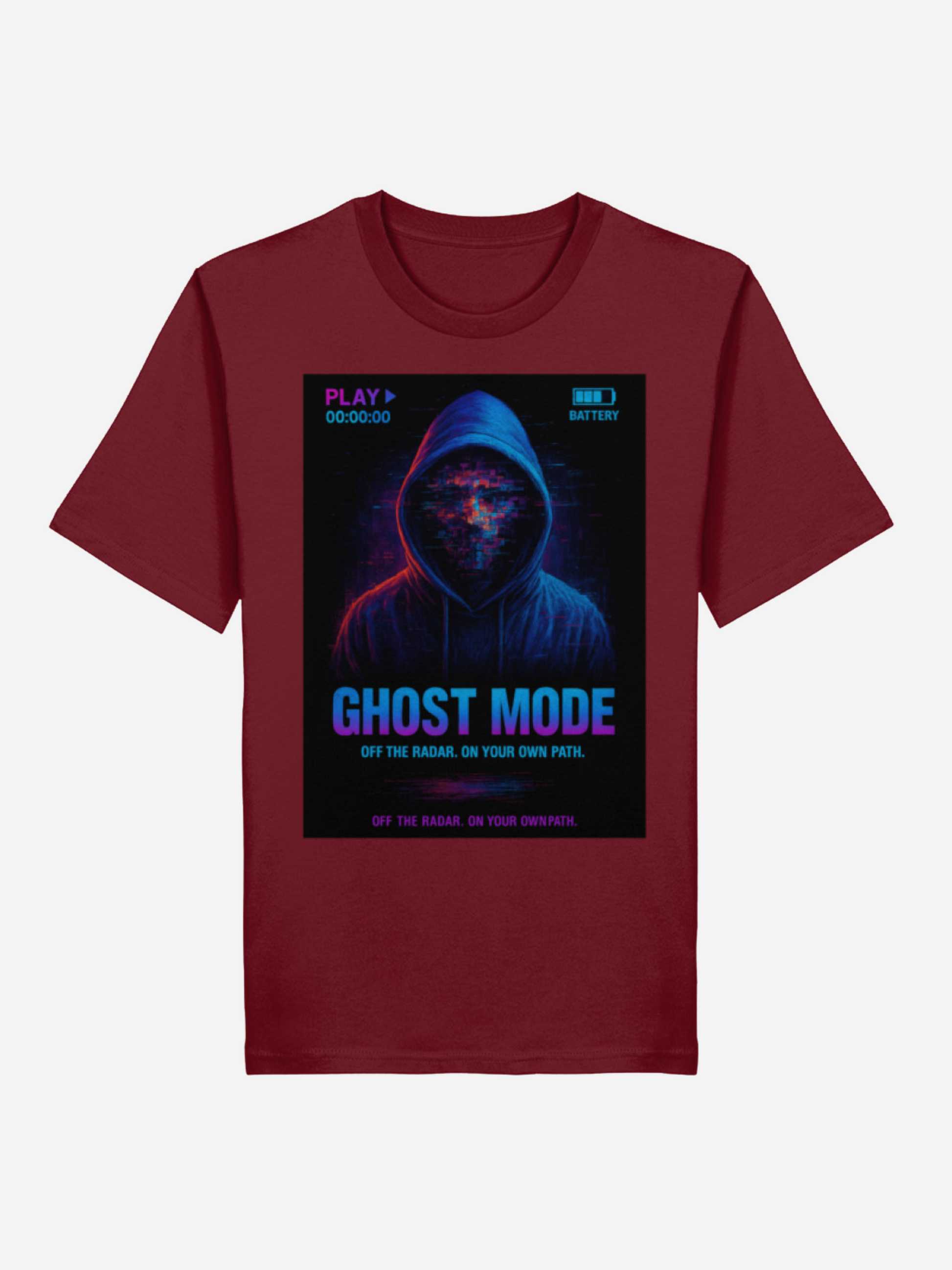 Vyfinity Ghost Mode T-Shirt in Burgunder mit Neon-Hoodie Glitch Design und futurischem Slogan „Ghost Mode – Off the Radar. On Your Own Path.“.
