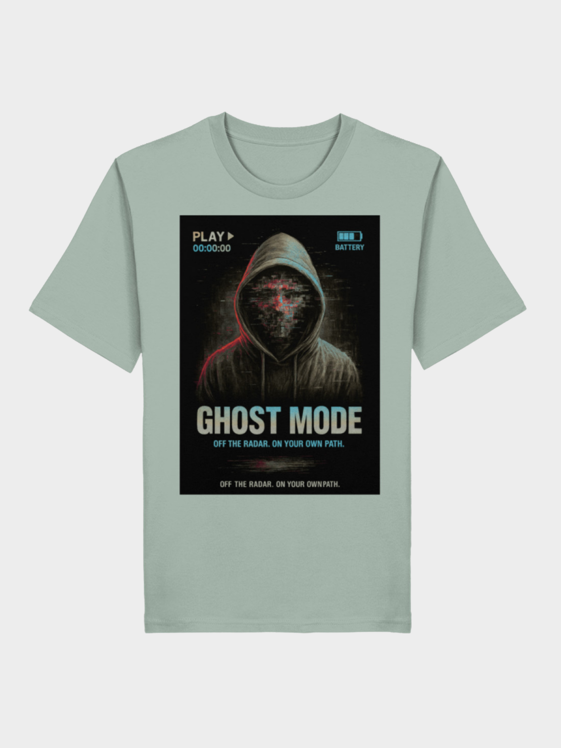 Vyfinity Ghost Mode T-Shirt in Mintgrün mit futuristischem Kapuzen-Glitch-Design. Statement-Print „Ghost Mode – Off the Radar. On Your Own Path.“ – urbaner Cyberpunk-Style für Streetwear-Looks.