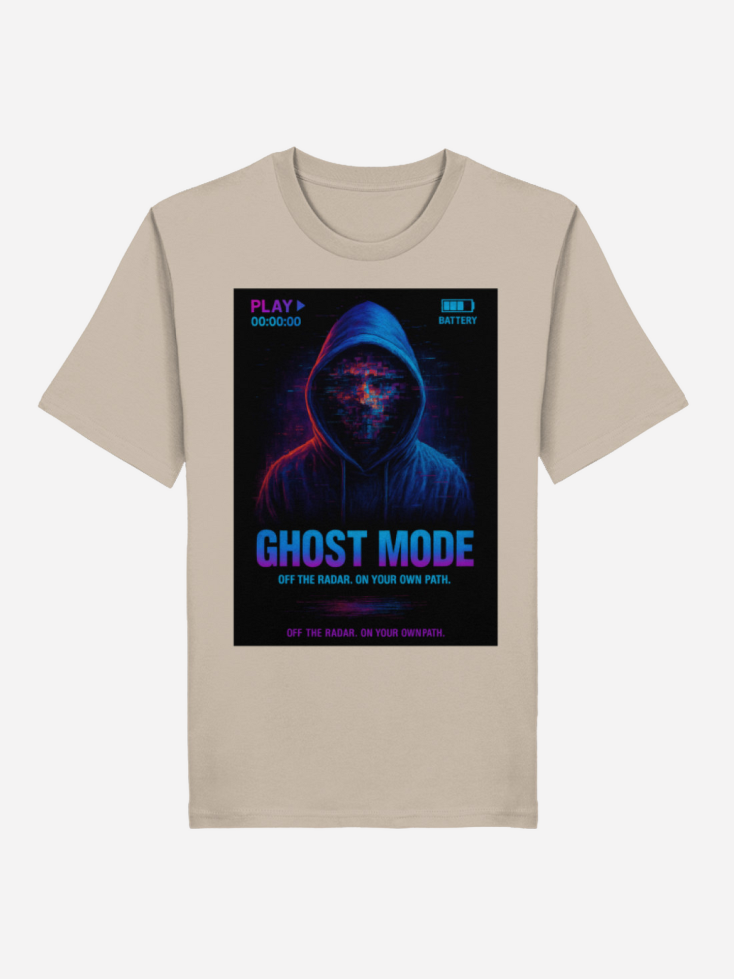 Vyfinity Ghost Mode T-Shirt in Sand mit Neon-Hoodie Glitch Design und futurischem Slogan „Ghost Mode – Off the Radar. On Your Own Path.“.