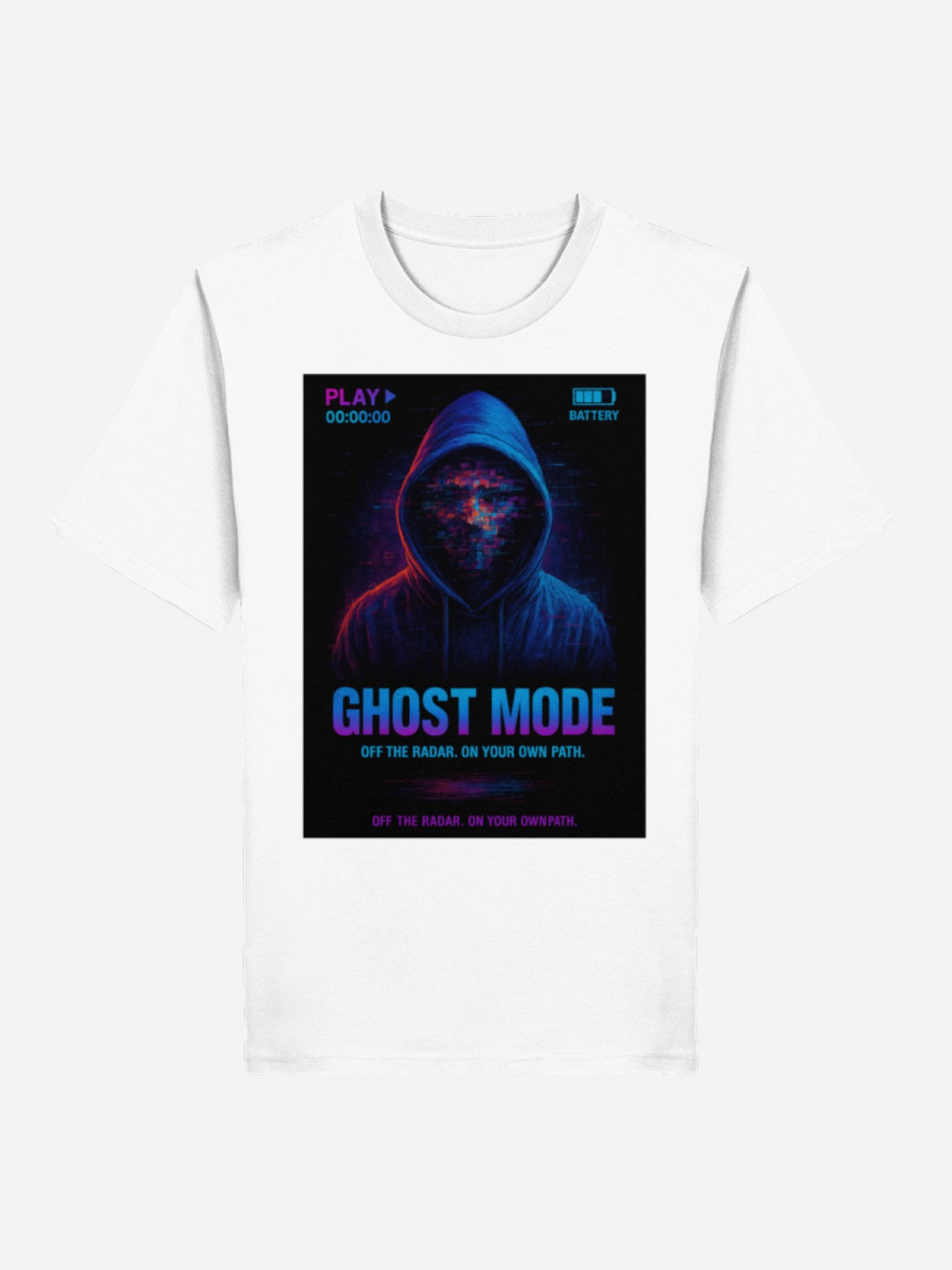 Vyfinity Ghost Mode T-Shirt in Weiß mit Neon-Hoodie Glitch Design und futurischem Slogan „Ghost Mode – Off the Radar. On Your Own Path.“.