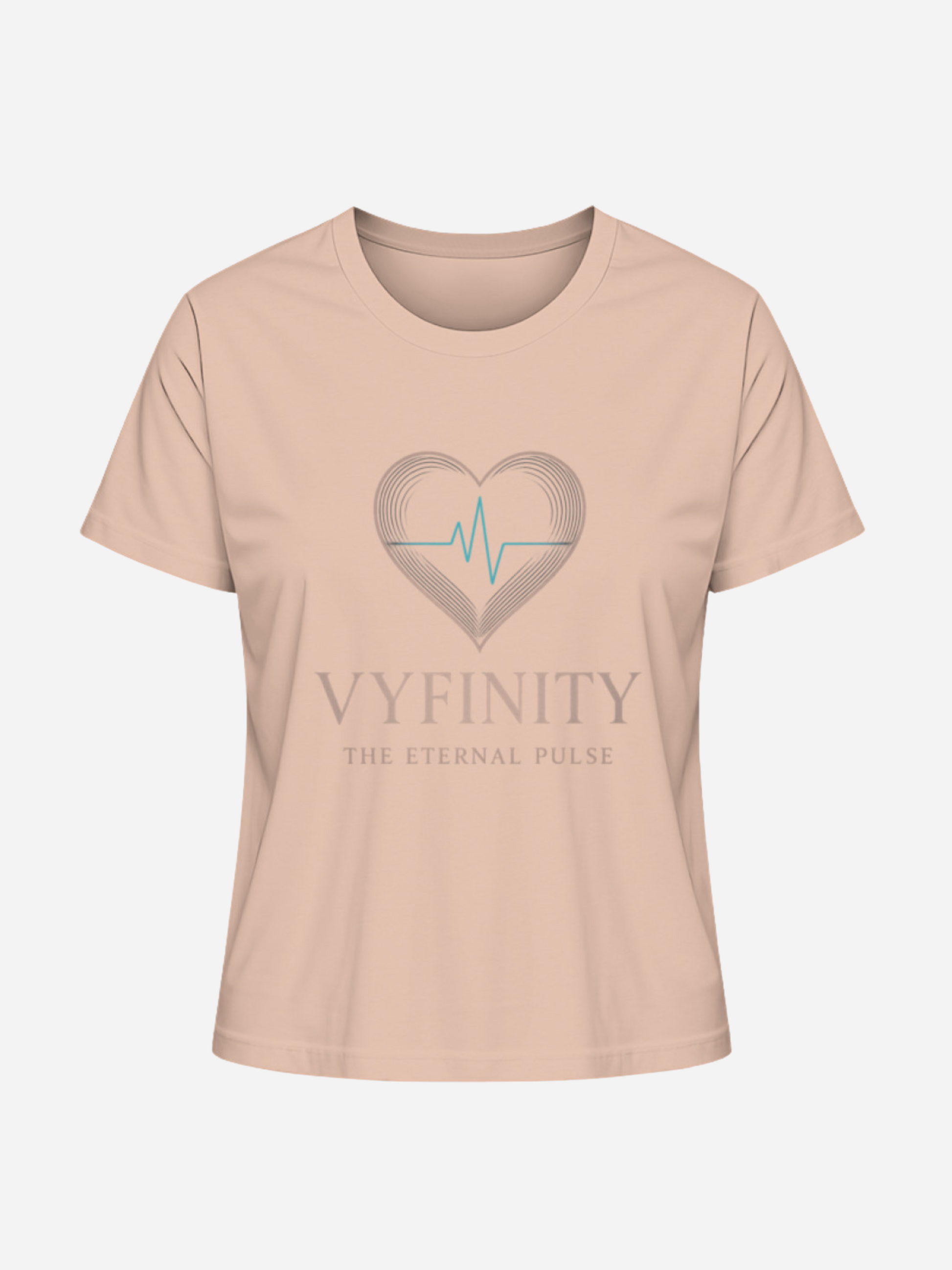 Vyfinity Damen T-Shirt in Fraiche Pêche mit Herz- und Puls-Logo – Aufschrift „The Eternal Pulse“