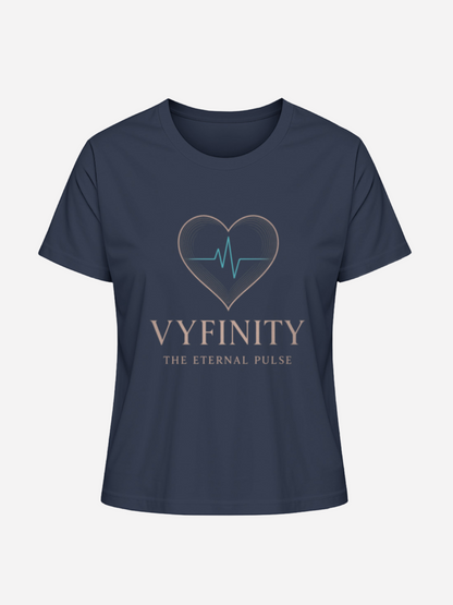 Vyfinity Damen T-Shirt in French Navy mit Herz- und Puls-Logo – Aufschrift „The Eternal Pulse“