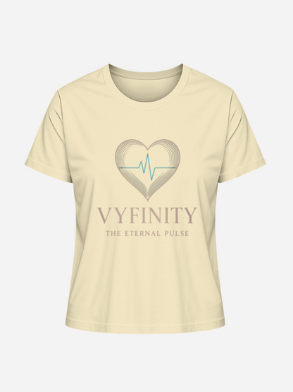 Vyfinity Damen T-Shirt in Natural Raw mit Herz- und Puls-Logo – Aufschrift „The Eternal Pulse“