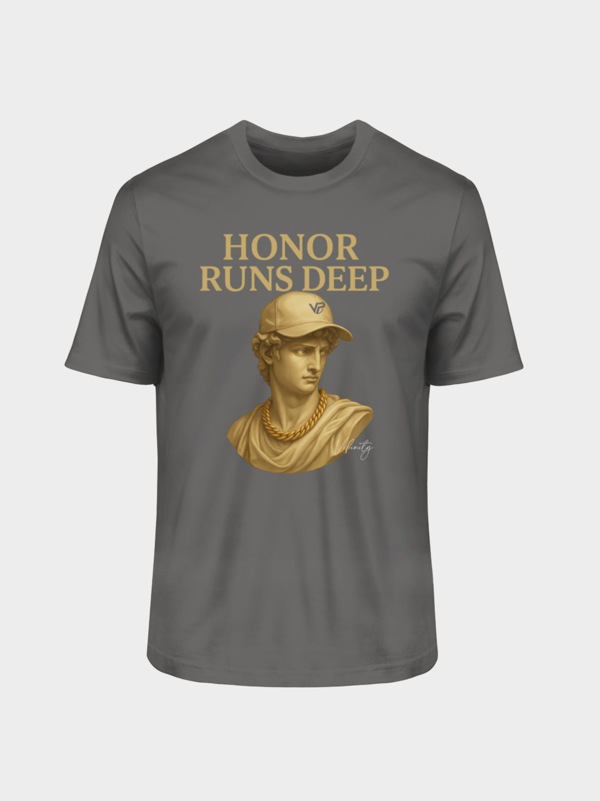 Vyfinity T-Shirt in Anthracite mit goldener Büsten-Grafik und Aufschrift Honor Runs Deep – moderner und maskuliner Look