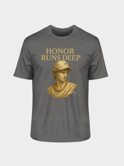 Vyfinity T-Shirt in Anthracite mit goldener Büsten-Grafik und Aufschrift Honor Runs Deep – moderner und maskuliner Look