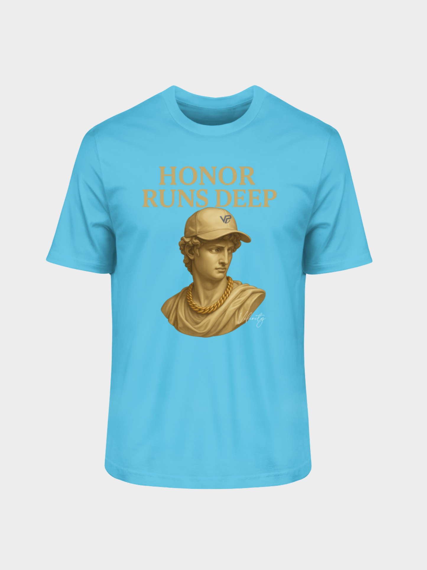 Vyfinity T-Shirt in Aqua Blue mit goldener Büsten-Grafik und Aufschrift Honor Runs Deep – frisches und modernes Design