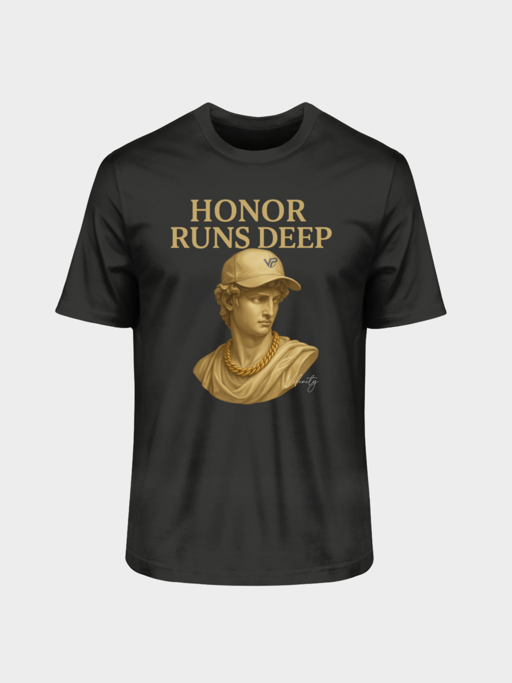 Schwarzes Vyfinity T-Shirt mit goldener Büsten-Grafik und Aufschrift Honor Runs Deep – klassischer Streetwear-Style