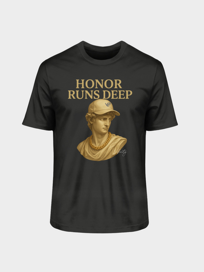 Schwarzes Vyfinity T-Shirt mit goldener Büsten-Grafik und Aufschrift Honor Runs Deep – klassischer Streetwear-Style