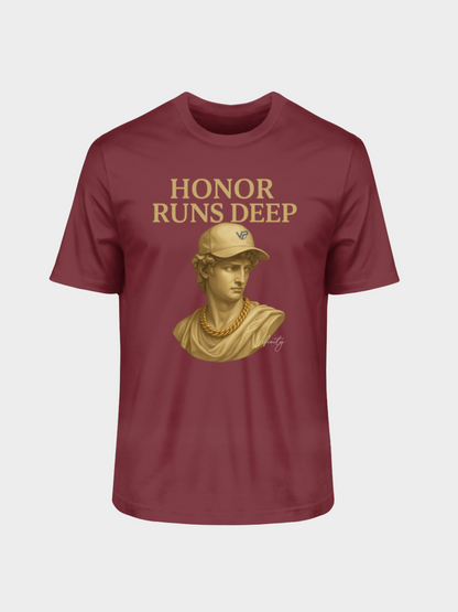 Vyfinity T-Shirt in Burgundy mit goldener Büsten-Grafik und Aufschrift Honor Runs Deep – edler und auffälliger Look