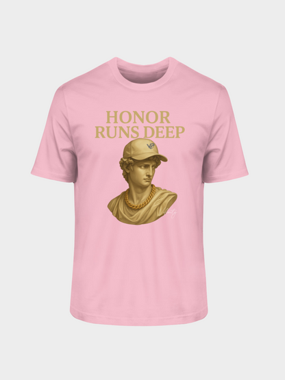 Vyfinity T-Shirt in Cotton Pink mit goldener Büsten-Grafik und Aufschrift Honor Runs Deep – sanfter und trendiger Style