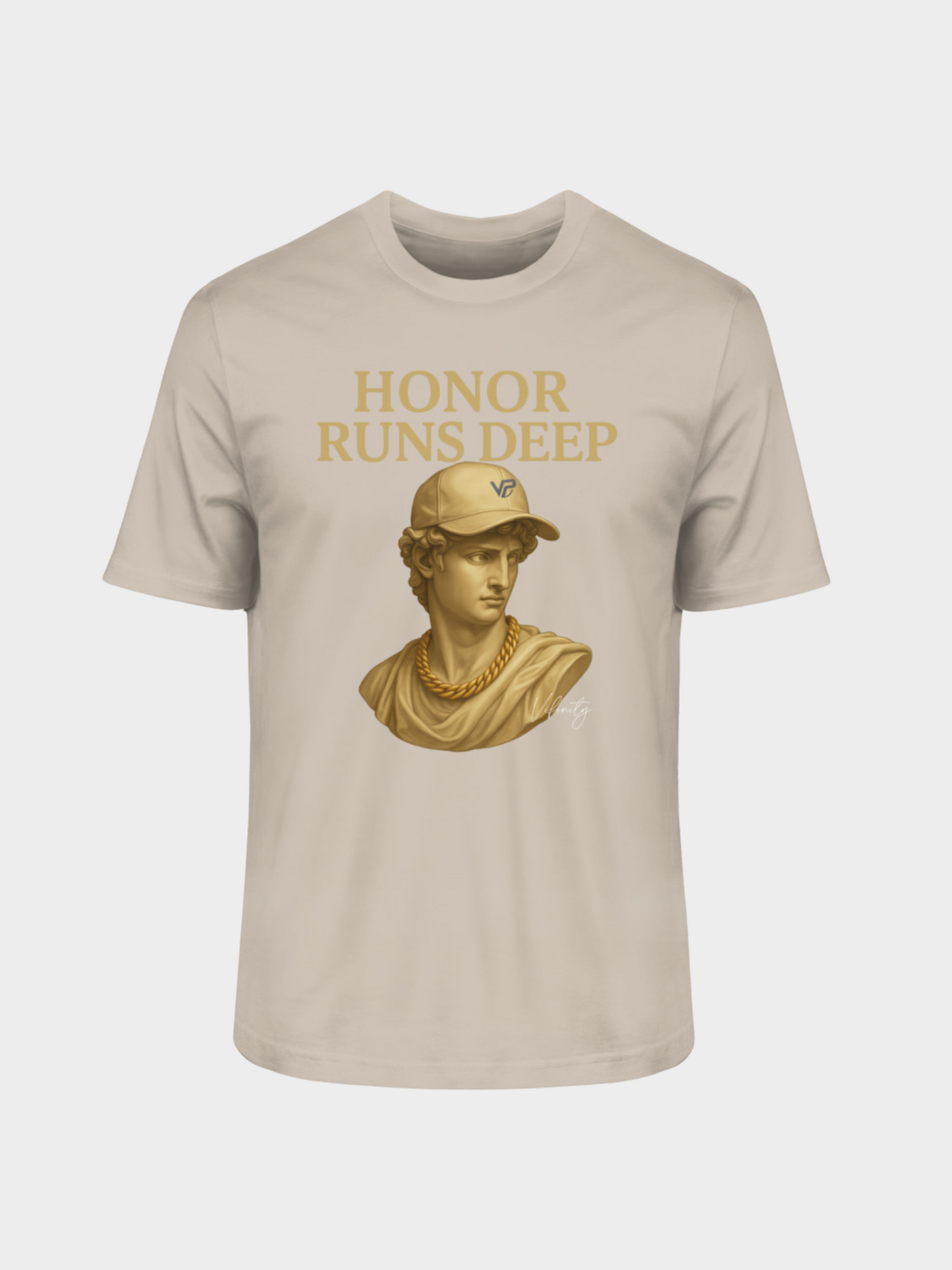 Vyfinity T-Shirt in Desert Dust mit goldener Büsten-Grafik und Aufschrift Honor Runs Deep – dezenter und moderner Look