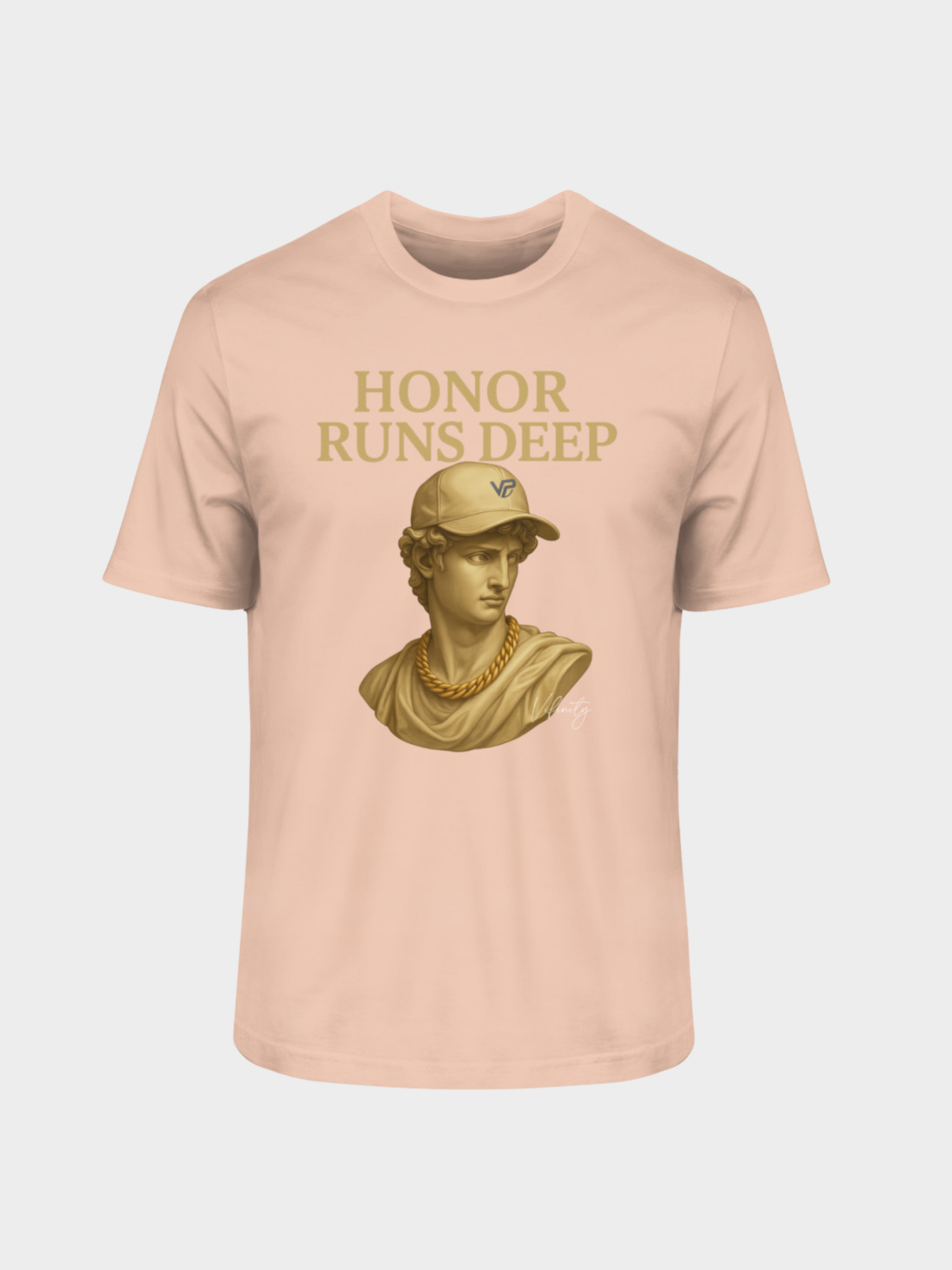 Vyfinity T-Shirt in Fraiche Peche mit goldener Büsten-Grafik und Aufschrift Honor Runs Deep – trendiges Streetwear-Design
