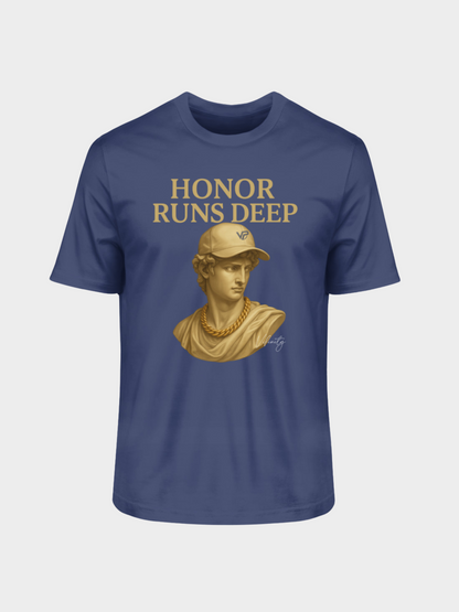 Vyfinity T-Shirt in French Navy mit goldener Büsten-Grafik und Aufschrift Honor Runs Deep – stilvoller Urban-Style