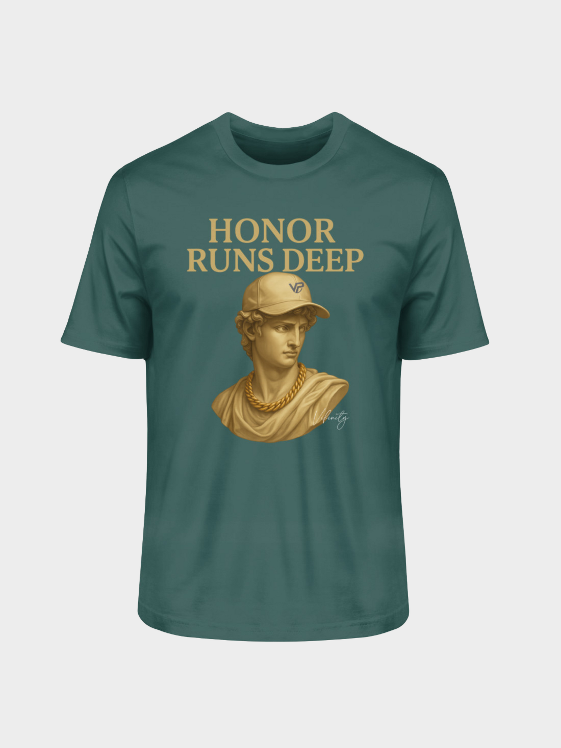 Vyfinity T-Shirt in Glazed Green mit goldener Büsten-Grafik und Aufschrift Honor Runs Deep – frisches Streetwear-Design