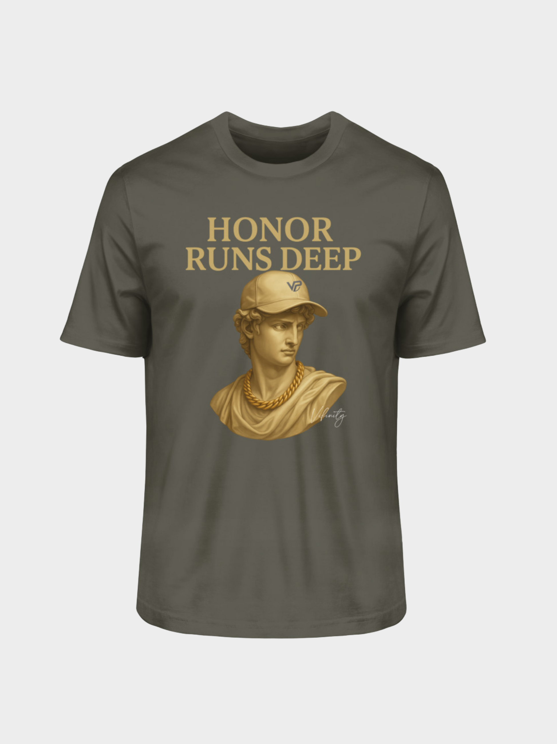 Vyfinity T-Shirt in Khaki mit goldener Büsten-Grafik und Aufschrift Honor Runs Deep – moderner Urban-Look