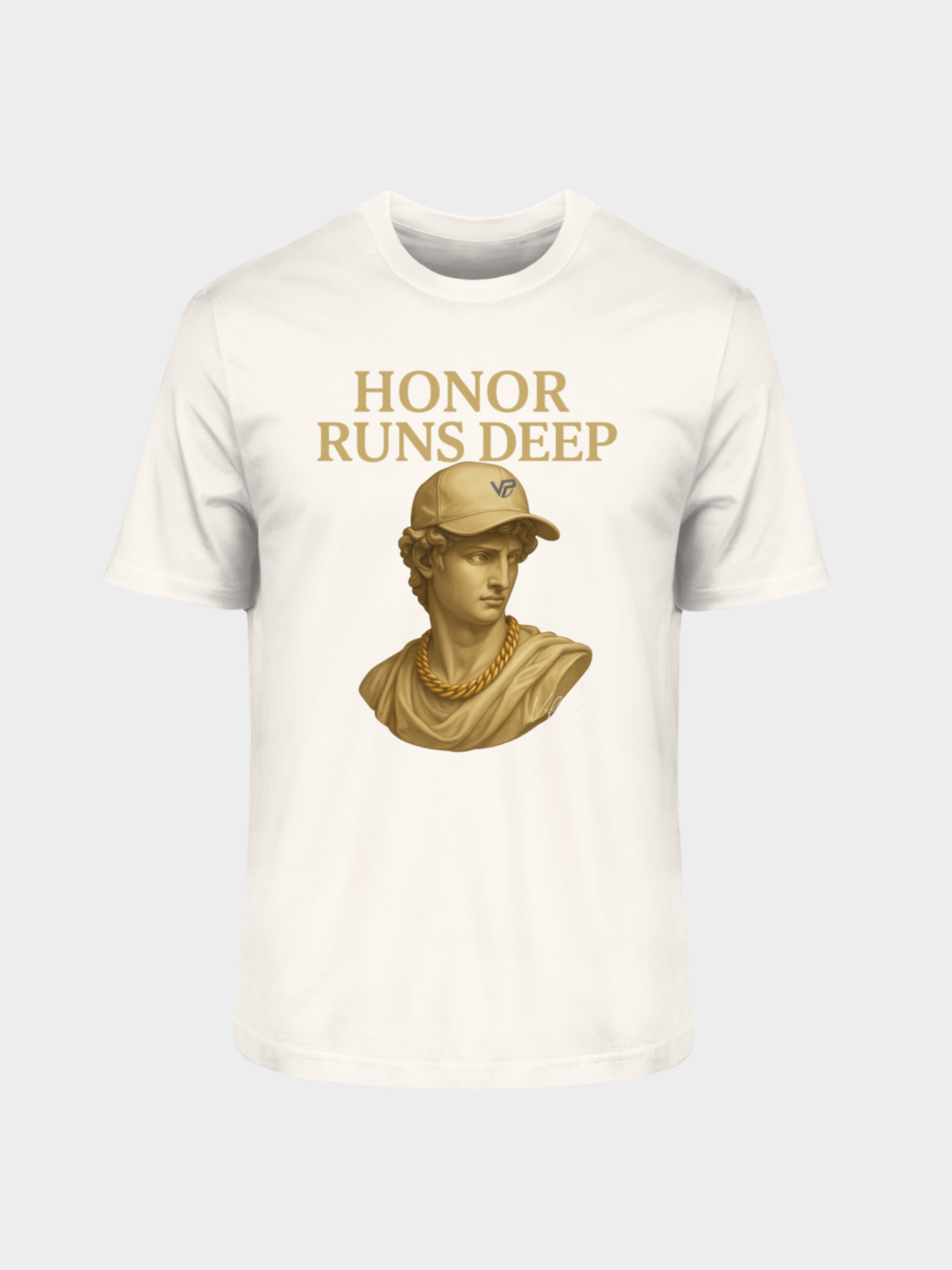 Vyfinity T-Shirt in Off White mit goldener Büsten-Grafik und Aufschrift Honor Runs Deep – edles Streetwear-Design