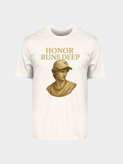 Vyfinity T-Shirt in Off White mit goldener Büsten-Grafik und Aufschrift Honor Runs Deep – edles Streetwear-Design