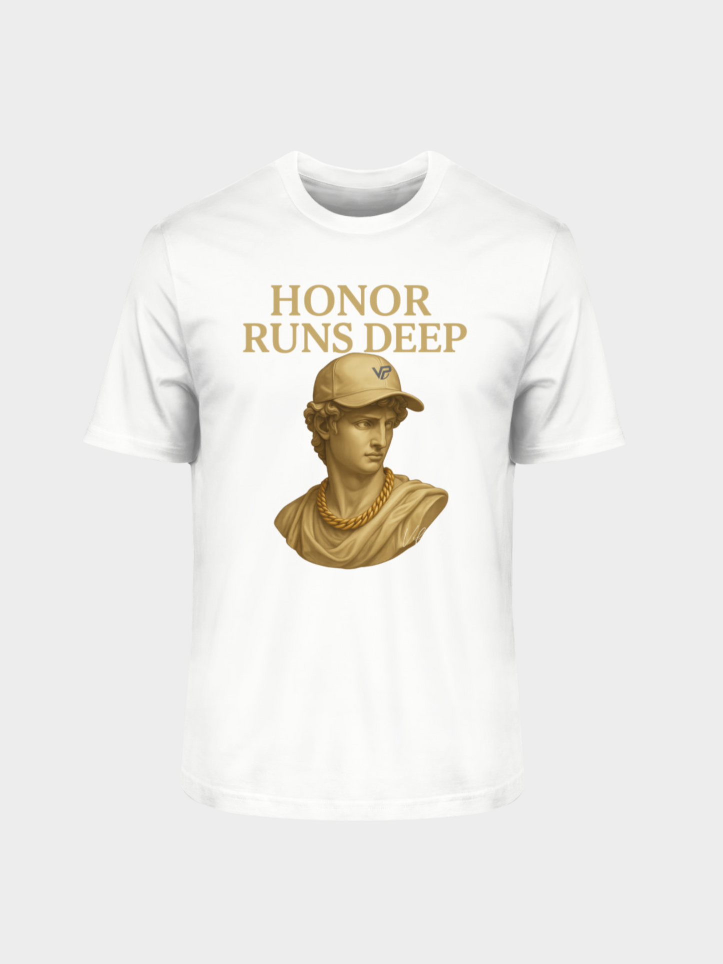 Weißes Vyfinity T-Shirt mit goldener Büsten-Grafik und Aufschrift Honor Runs Deep – stilvolles Streetwear-Design