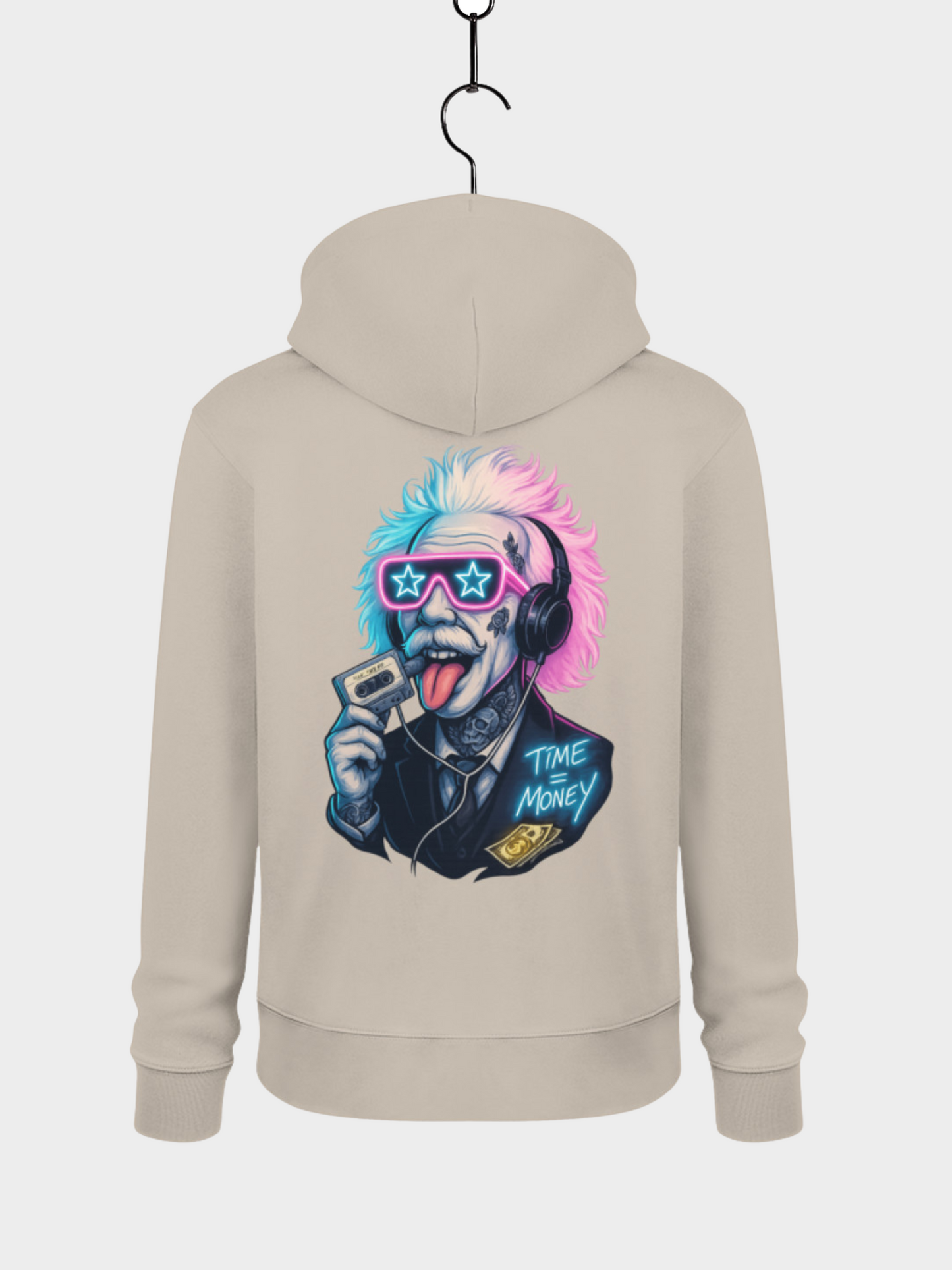 Vyfinity Hoodie beige Rückseite mit buntem Einstein Design Time is Money Streetwear