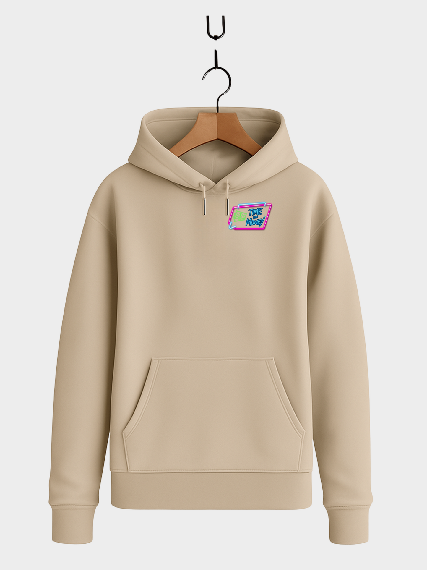 Vyfinity Hoodie beige Vorderseite mit neon Time is Money Brustlogo Retro Style