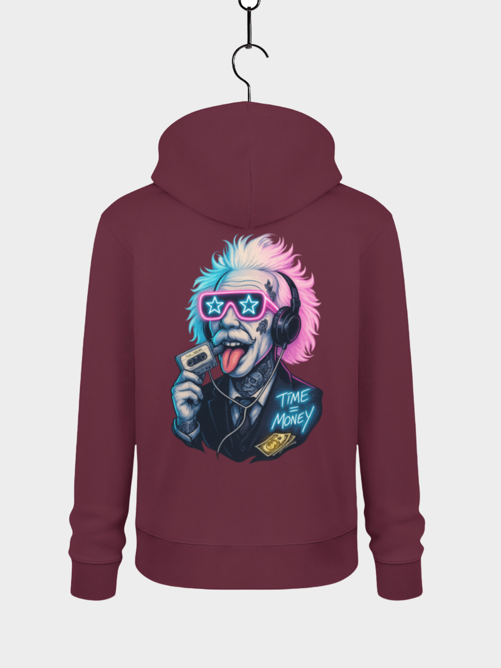 Vyfinity Hoodie bordeaux Rückseite mit Einstein Motiv Neon Streetwear Kollektion