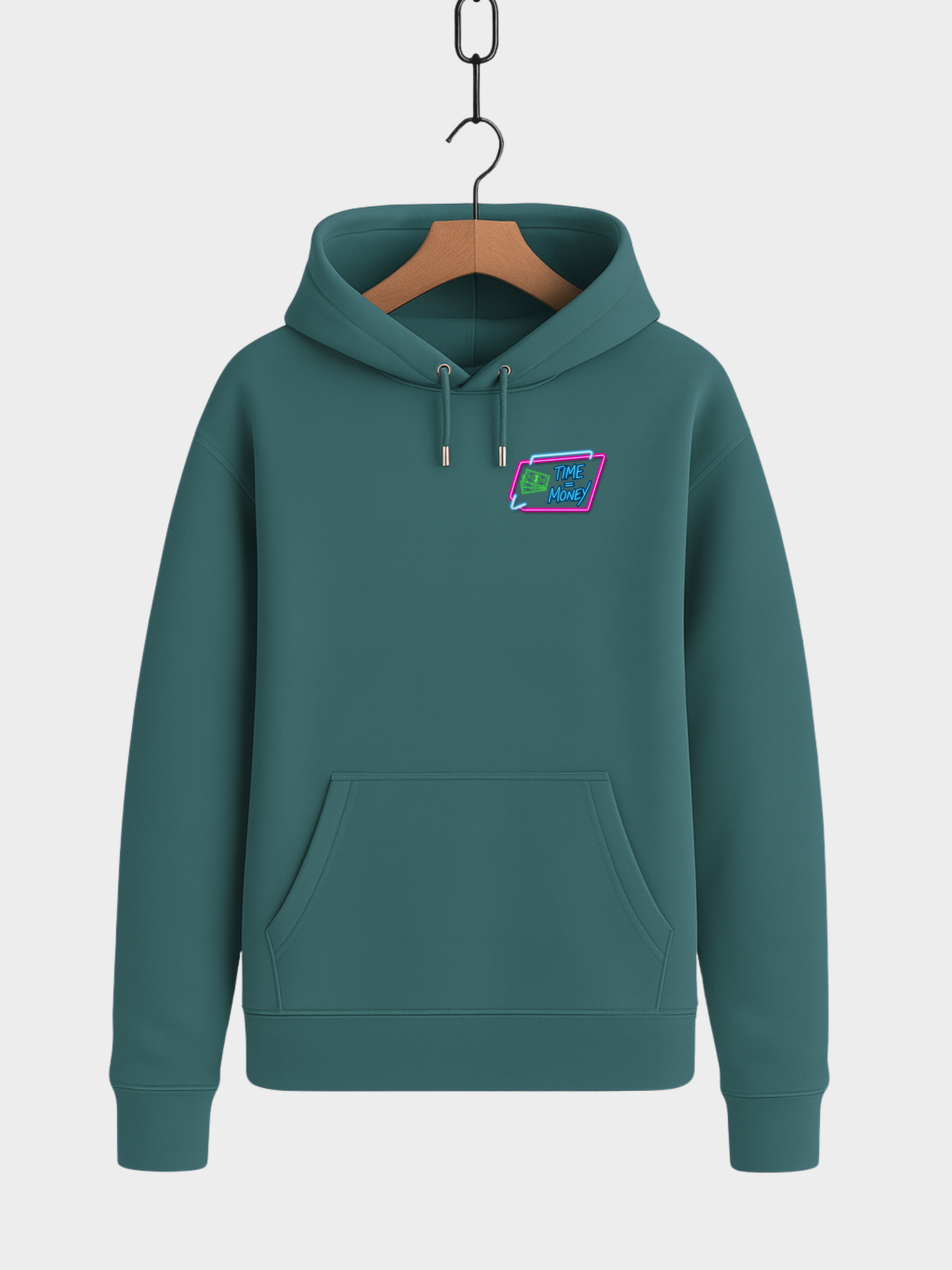 Vyfinity Hoodie grün Vorderseite mit Time is Money Neon Brustlogo Retro Urban Style