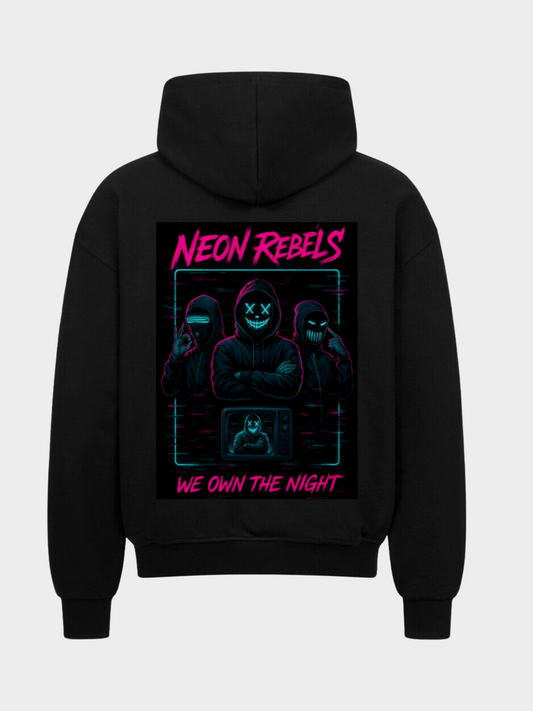 Vyfinity Hoodie Neon Rebels Schwarz mit großem Backprint We Own The Night Streetwear Kapuzenpullover