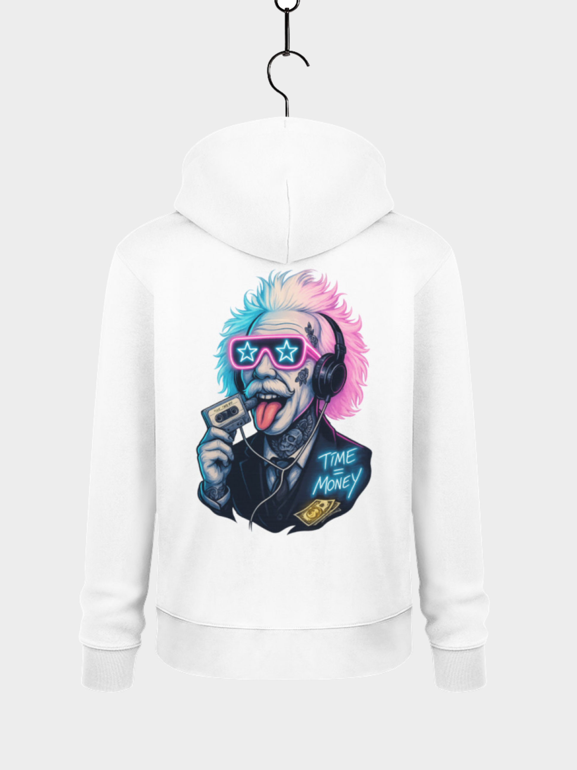 Vyfinity Hoodie weiß Rückseite mit Einstein Motiv Neon Streetwear Time is Money